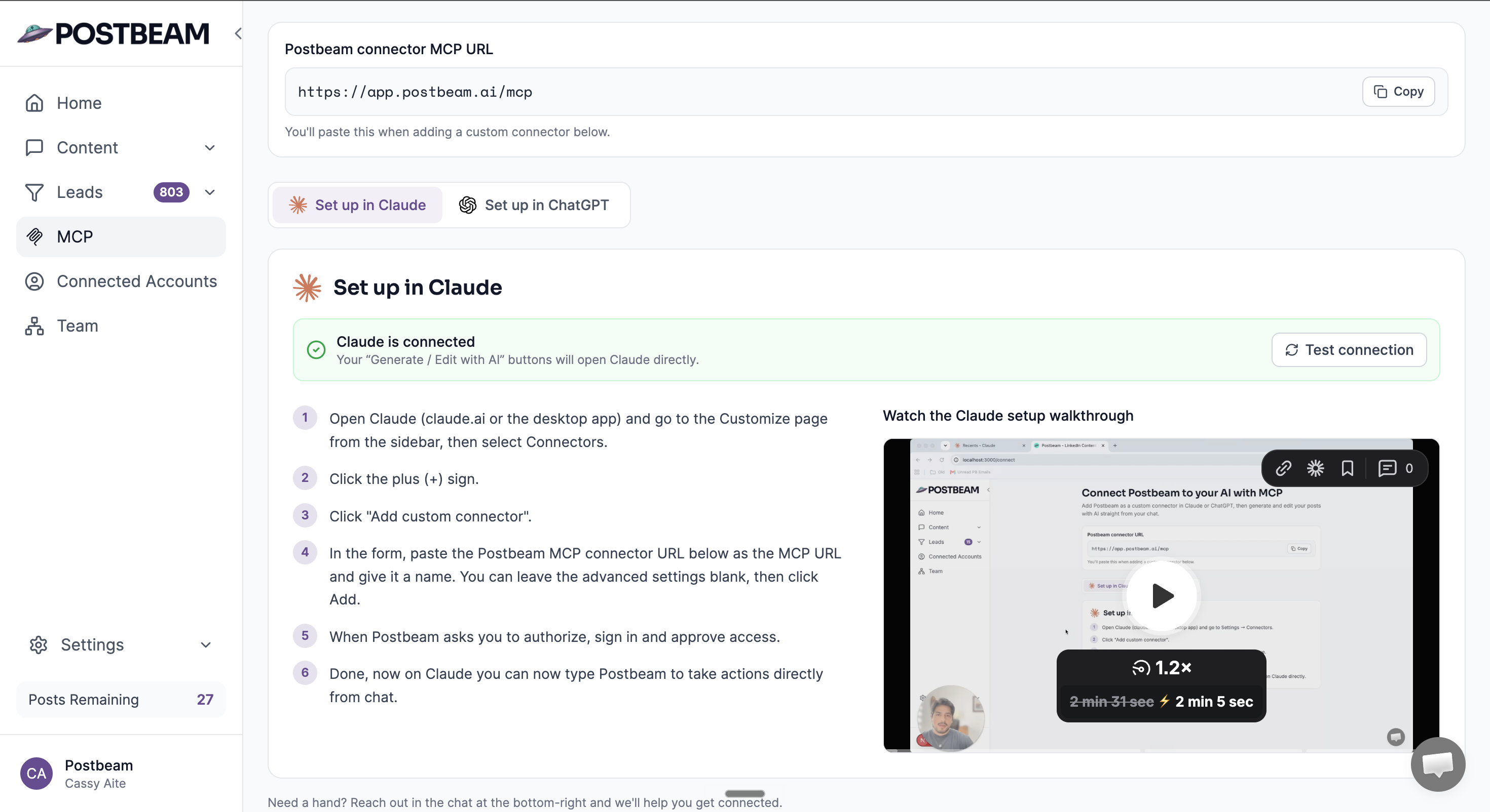 Postbeam's MCP connector setup — paste the server URL into Claude or ChatGPT